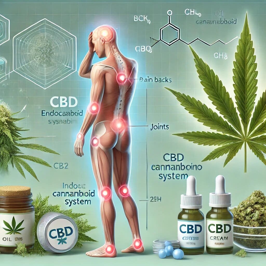 Illustration de l'effet du CBD pour soulager la douleur en interagissant avec le système endocannabinoïde, mettant en évidence les points de douleur dans le corps humain et les récepteurs CB1 et CB2.