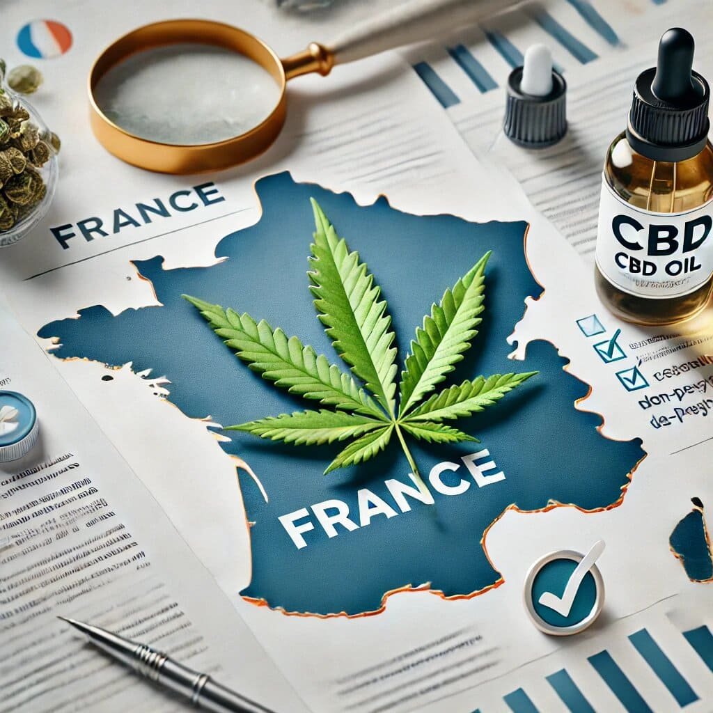 Carte de la France montrant la légalité du CBD avec des documents juridiques et une illustration de plante de cannabis non psychoactive.