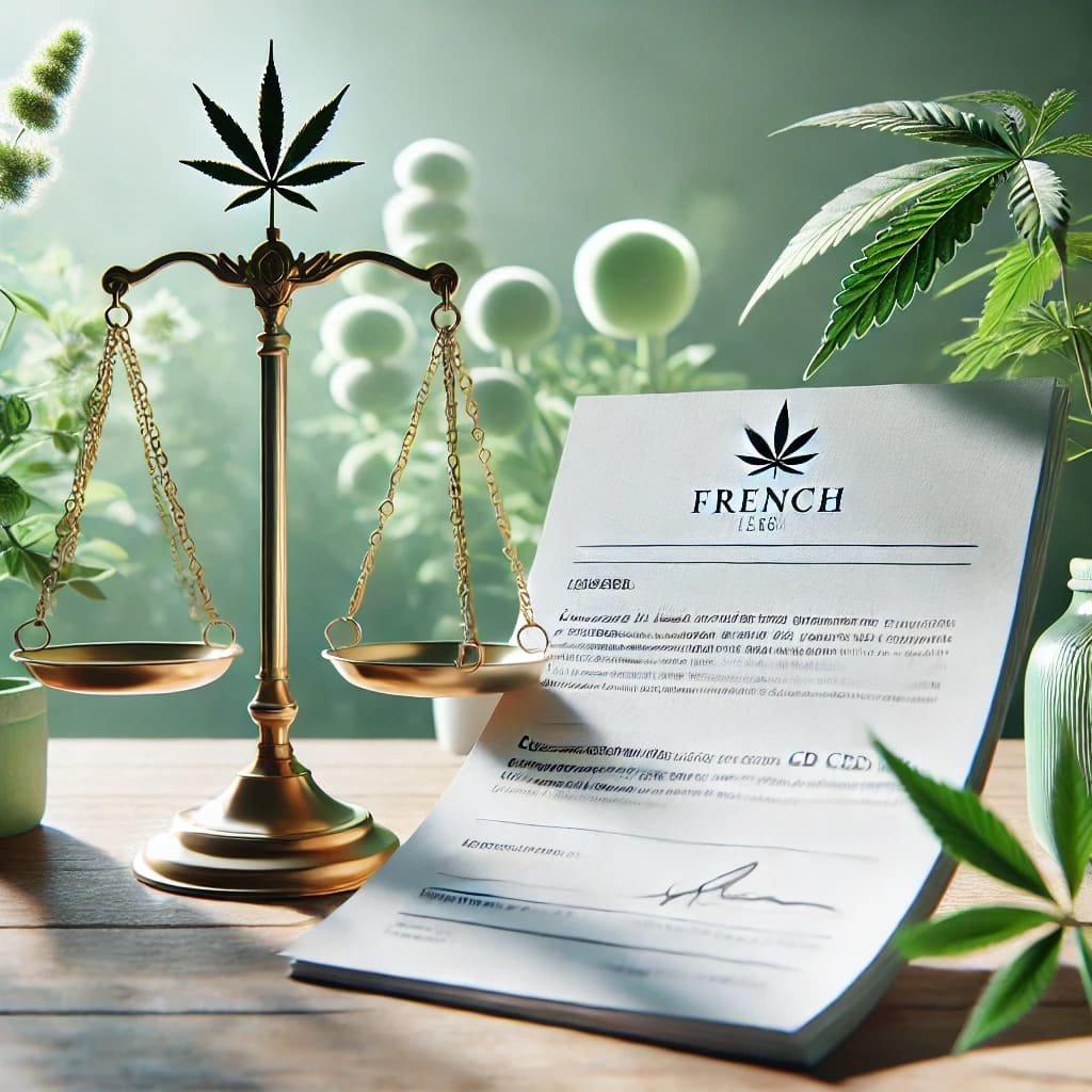Balance de la justice avec une feuille de cannabis et un document officiel représentant la légalité du CBD en France