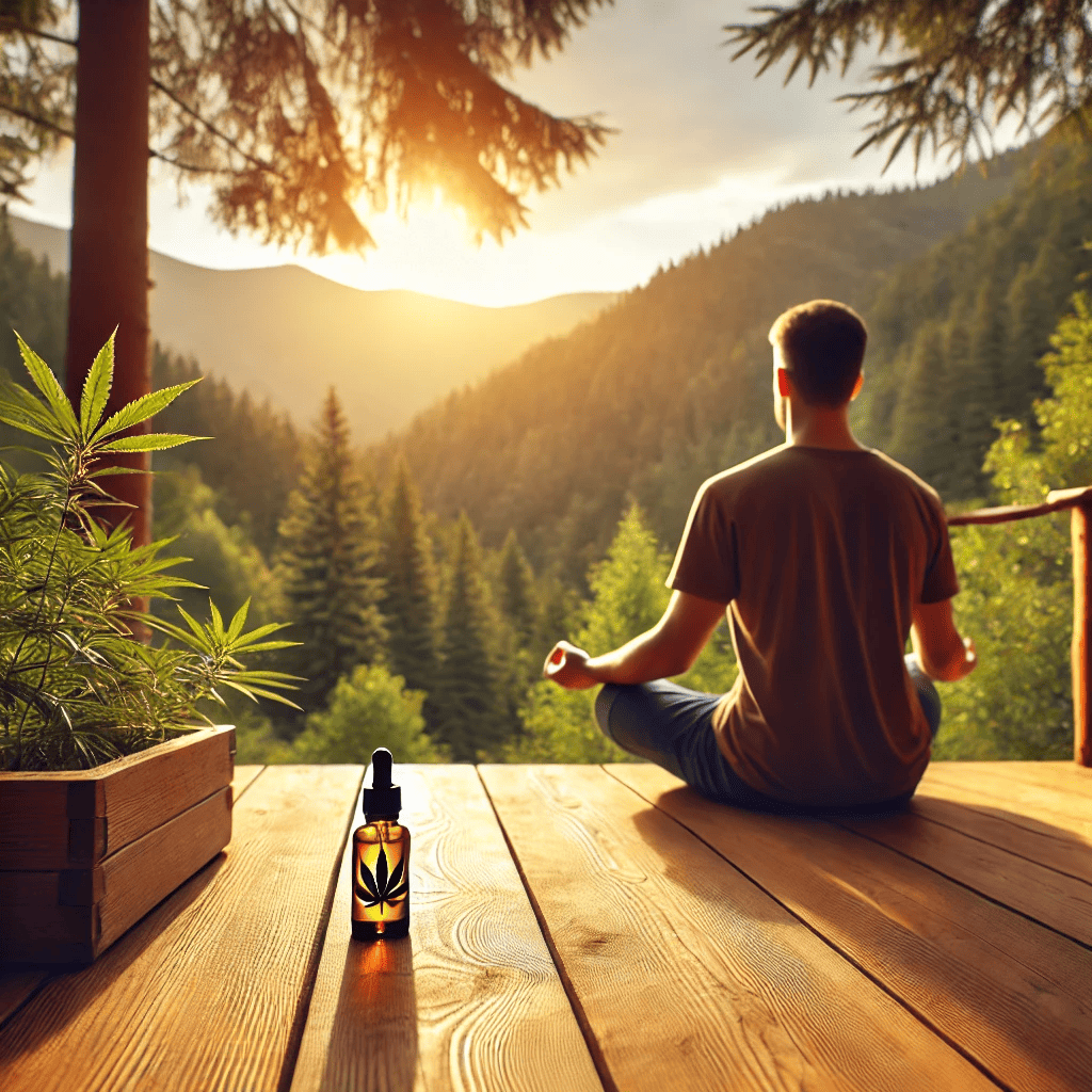 Un homme en position de méditation sur une terrasse en bois avec vue sur une forêt de sapins, accompagné d'une bouteille d'huile de CBD