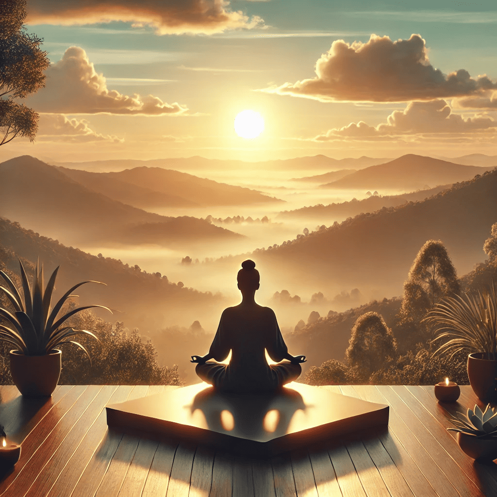 Personne méditant au lever du soleil sur une colline, symbolisant les bienfaits de la méditation quotidienne pour le calme et la sérénité. Vente en ligne CBD ardèche.