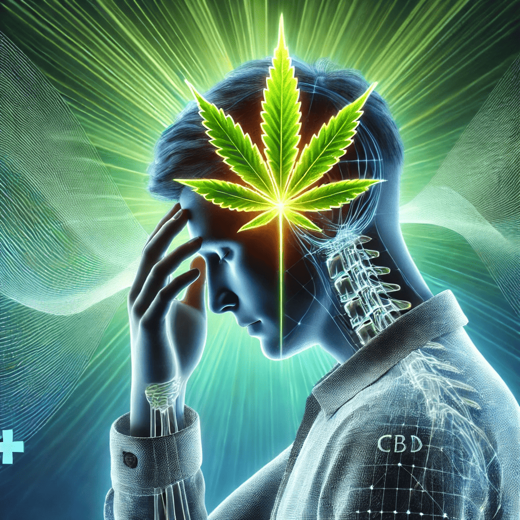 Illustration représentant une personne souffrant de migraines, avec un symbole de feuille de chanvre lumineux indiquant le soulagement grâce au CBD. Vente en ligne cbd ardeche saint agreve.