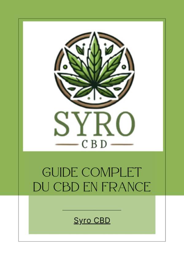 Couverture du guide complet du CBD en France par Syro CBD, avec un logo représentant une feuille de chanvre verte sur un fond vert clair.