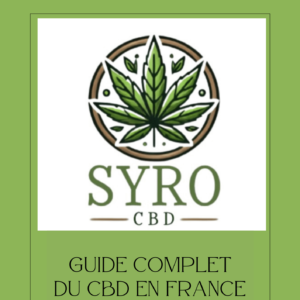Couverture du guide complet du CBD en France par Syro CBD, avec un logo représentant une feuille de chanvre verte sur un fond vert clair.