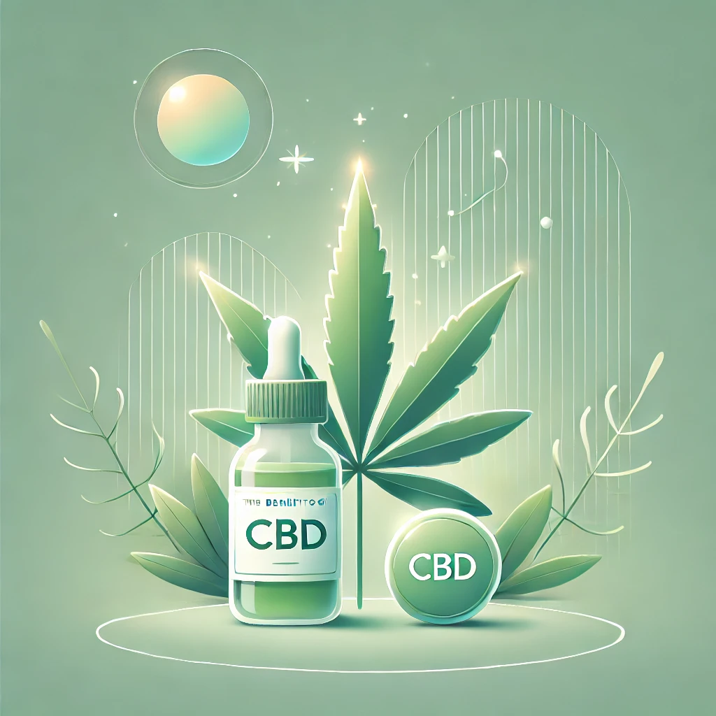 Illustration minimaliste représentant les bienfaits du CBD pour le bien-être. L'image inclut une feuille de chanvre stylisée, un flacon de CBD et une aura lumineuse symbolisant la relaxation sur un fond apaisant vert et blanc.