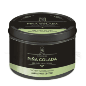 Boîte de thé vert au CBD "Pina Colada" avec des arômes tropicaux d’ananas et de noix de coco, design élégant noir et vert.