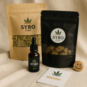 Pack Sevrage CBD Soutien+ de Syro : huile 10 %, tisane, fleurs, guide et surprise sur fond beige