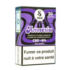 Paquet de 20 cigarettes au CBD Amnesia, fabriquées à partir de fleurs de chanvre Sativa L., avec moins de 8% de CBD et