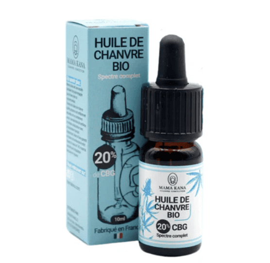 Huile de chanvre BIO CBG 20 % avec packaging – produit français à spectre complet, flacon en verre avec pipette.
