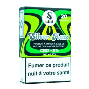Paquet de 20 cigarettes au CBD Silver Haze, fabriquées à partir de fleurs de chanvre Sativa L., avec moins de 8% de CBD et
