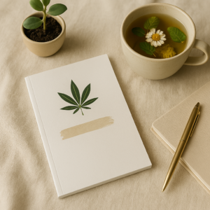 Guide PDF Syro CBD posé sur une nappe beige avec tisane, carnet et plante verte