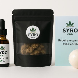 Pack sevrage cannabis avec CBD de Syro : huile 10 %, infusion, guide et surprise bien-être sur fond clair