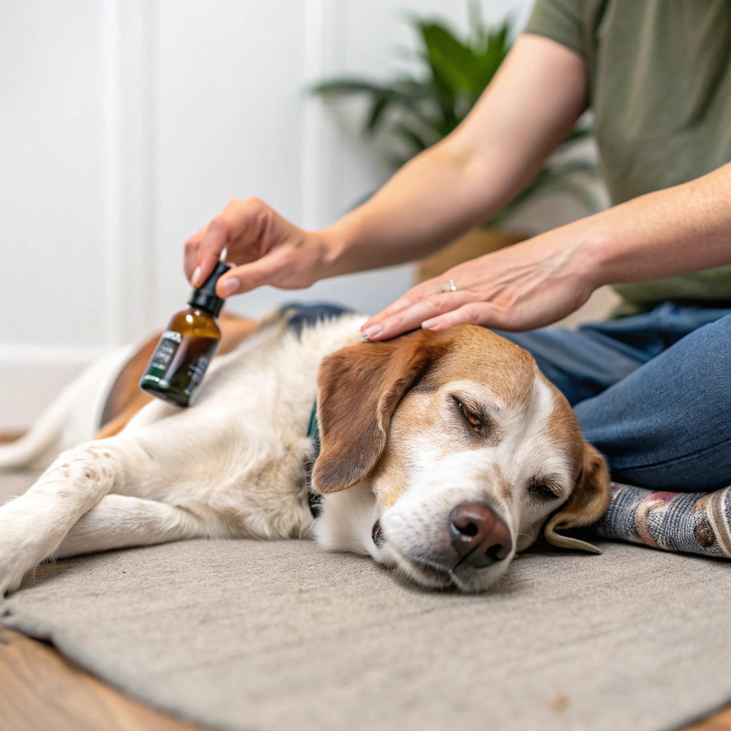 Chien allongé et détendu pendant qu'une personne applique une huile de CBD sur son dos, dans un cadre chaleureux. CBD pour les animaux