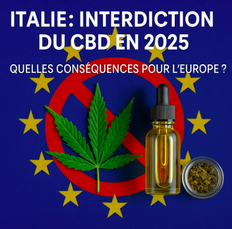 Image illustrant l'interdiction du CBD en Italie en 2025, avec une feuille de chanvre, une fiole d'huile et un symbole d'interdiction sur fond du drapeau de l'Union européenne.