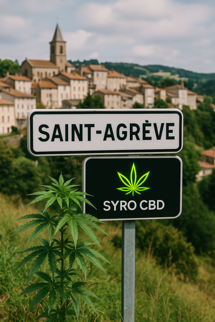 Panneau Saint-Agrève avec logo Syro CBD - Boutique de CBD en Ardèche