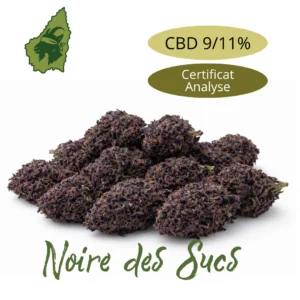 Fleur CBD Noir des Sucs avec taux de CBD entre 9 et 11 pourcent, certifiée par analyse