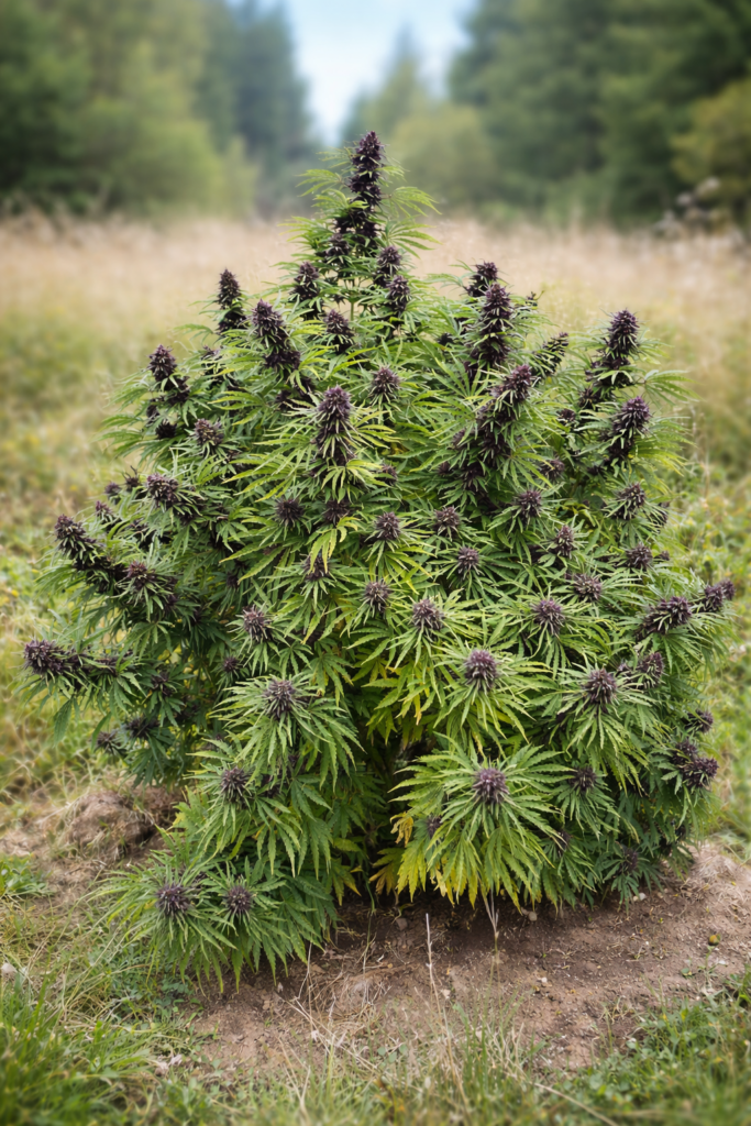 Plante de CBD Noir des Sucs cultivée en extérieur en Ardèche, aux fleurs violettes foncées