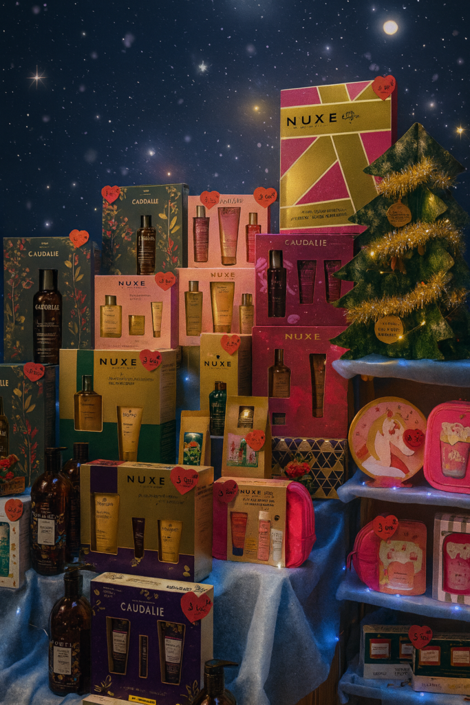 Présentation de coffrets beauté et soins Nuxe, Caudalie et autres marques, exposés en présentoir de Noël à la Pharmacie de Saint-Agrève, avec décoration festive et emballages cadeaux.