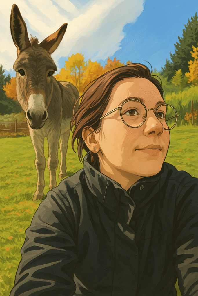 Portrait d’une jeune femme en extérieur avec un âne, lors d’une balade nature en Ardèche