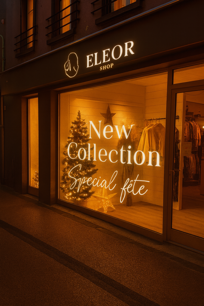 Vitrine d’Eleor Shop éclairée en ambiance Noël, présentant la nouvelle collection spéciale fête avec sapin lumineux et décor élégant.