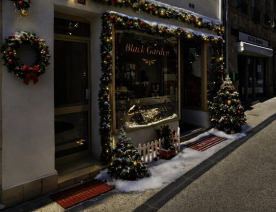 Devanture de Black Garden à Saint-Agrève décorée pour Noël, atelier local de broderie textile et personnalisation artisanale
