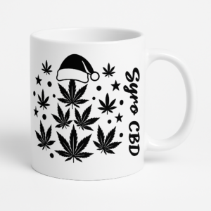 Mug blanc Syro CBD Édition Noël avec feuilles de chanvre et bonnet de Noël 