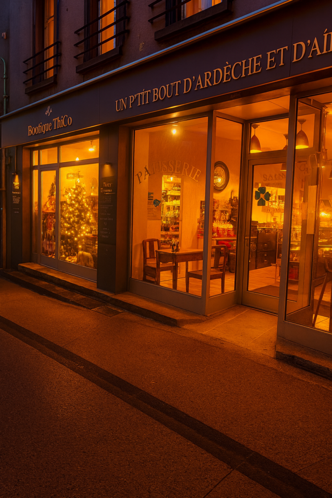 Vitrine d’une boutique à Saint-Agrève éclairée par une lumière chaleureuse de Noël, décorations visibles à l’intérieur, ambiance festive et artisanale.