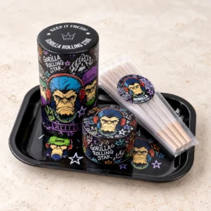 Kit complet Gorilla Rolling Star noir – Plateau, grinder, rangement et 8 cônes